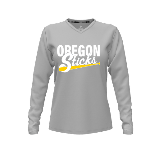 [CUS-DFW-TEES-PER-VNK-LSL-GRY-FYXS-LOGO3] Decker Performance T-Shirt (Female Youth XS, Gray, V Neck, Logo 3, Long Sleeve)