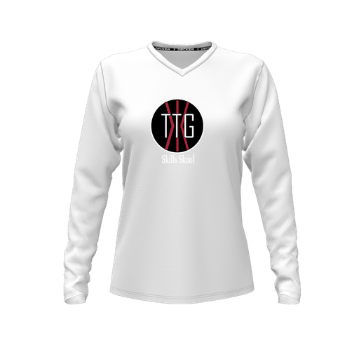 [FTLVPTWH-FYXS-LOGO2] Decker Performance T-Shirt (Female Youth XS, White, V Neck, Logo 2, Long Sleeve)